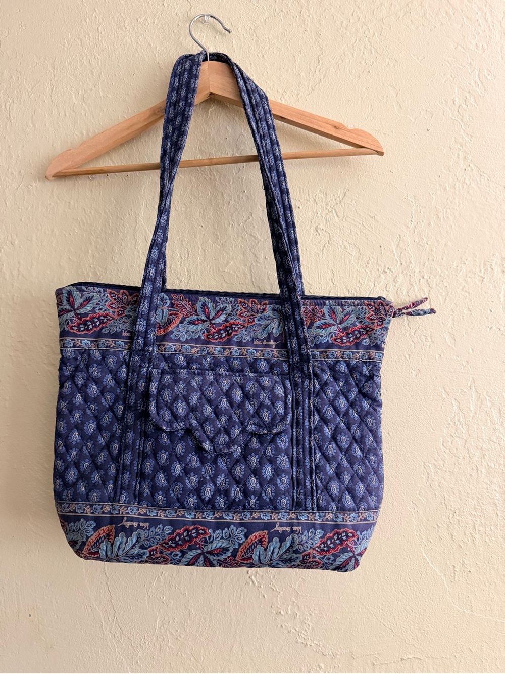 Vera Bradley Navy Quilted Floral-Trim Shoulder Tote